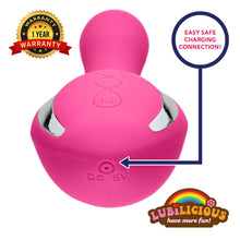 Load image into Gallery viewer, up close photo of USB charging connection to charge Lubilicious Igniter rabbit vibrator that is waterproof and medical grade silicone with lithium ion battery and warranty badge