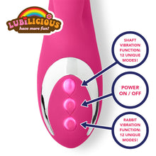 Load image into Gallery viewer, Up close photo of hot pink Lubilicious Igniter rabbit vibrator with dual motor controls buttons one for the shaft vibration with 12 modes, one for the rabbit vibration function with 12 modes and one with the power on and off button