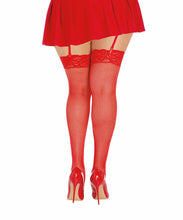Load image into Gallery viewer, Fishnet Thigh Highs W/ Lace Top Red Q/s