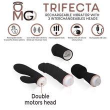 Load image into Gallery viewer, Trifecta Rechargeable Vibrator W/ 3 Interchangeable Heads Black