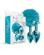 Load image into Gallery viewer, Nixie Metal Butt Plug Set Pom Pom & Jewel Blue Metallic