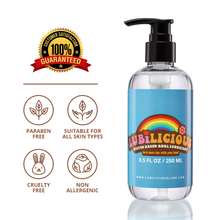 Load image into Gallery viewer, Lubilicious 8.5 oz bottle of Anal Lube with badges that it’s paraben free, hypoallergenic, suitable for all skin types, non allergenic, cruelty free, and 100% satisfaction guaranteed