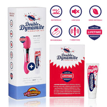 Load image into Gallery viewer, Double Dynamite Vibrator Kit packaging by Lubilicious with double ended insertable g-spot vibrator and female arousal gel Fireworks and limited lifetime warranty with badges for medical grade silicone, green materials, waterproof, low noise, rechargeable, 7 vibrations per side.