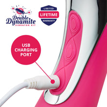 Load image into Gallery viewer, close up of g-spot vibrator buttons and USB charging port and silicone water-proof vibrator with limited lifetime warranty - Double Dynamite by Lubilicious lube