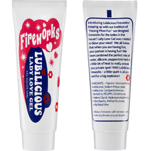 Load image into Gallery viewer, front and back of 1 oz tube of Fireworks stimulating gel for clitoris. Logo on front of bottle by Lubilicious. Instructions and ingredients on the back - water, peppermint extract for increased blood flow and heightened orgasms