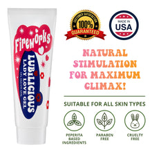 Load image into Gallery viewer, 1 oz tube of Lubilicious Fireworks Lady Love Gel natural stimulation for maximum climax with peppermint and paraben free and cruelty free badge and suitable for all skin types and made in the USA and 100% satisfaction guaranteed