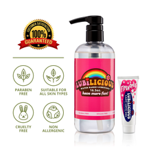 Load image into Gallery viewer, supersized bottle of Lubilicious’ original sexual lubricant water based and 1 oz bottle of Fireworks female arousal gel with badges next to it saying 100% satisfaction guaranteed, paraben free, hypoallergenic, cruelty free, and suitable for all skin types