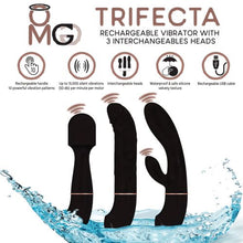 Load image into Gallery viewer, Trifecta Rechargeable Vibrator W/ 3 Interchangeable Heads Black

