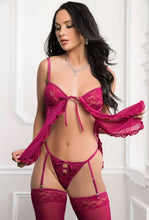 Load image into Gallery viewer, 3pc Tie Front Babydoll Garter Thong &amp; Stockings - Raspberry
