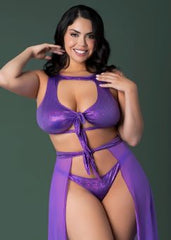 Glimmer Crop Top Skirt Tanga Metallic Purple 2xl