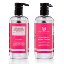 Load image into Gallery viewer, extra large bottle of water based lubrication liquid with pump top - back and side of label with instructions and ingredients listed - condom safe, paraben free, cruelty free, manufactured exclusively for Lubilicious
